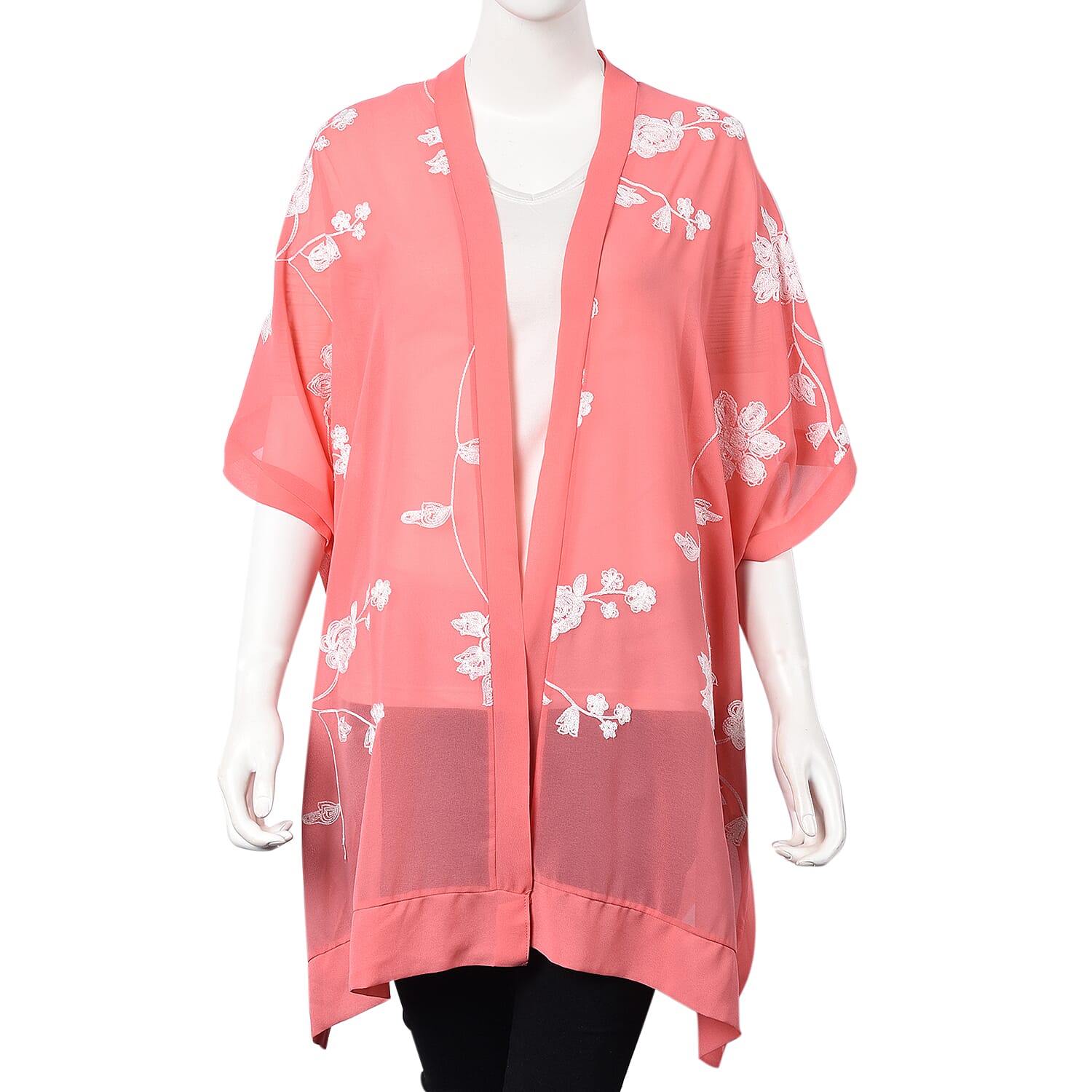 Flower Embroidery Pattern Kimono (Size 95x80 Cm) - Pink