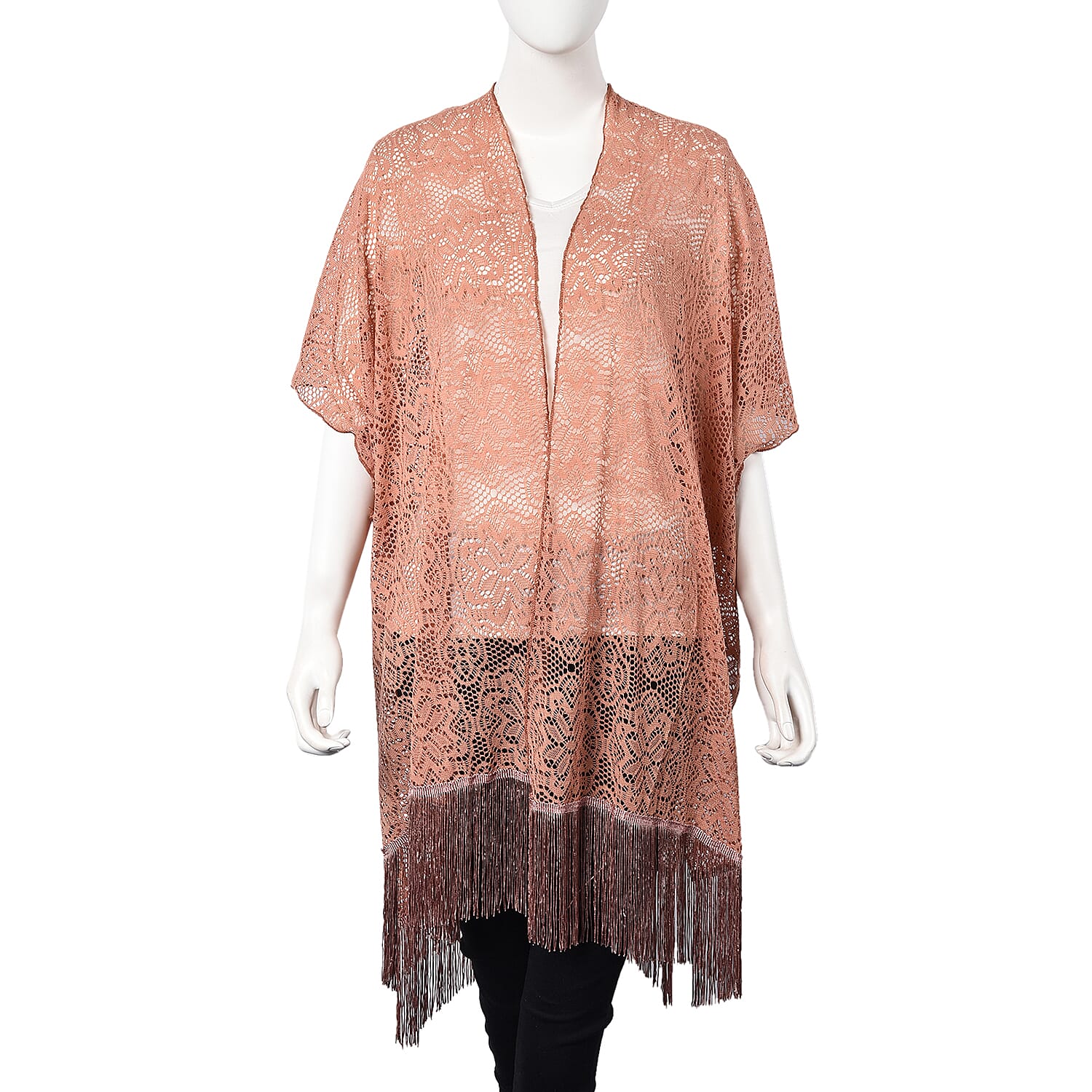 Peach Colour Floral Lace Kimono with Long Tassels (Size 90x80+14 Cm)