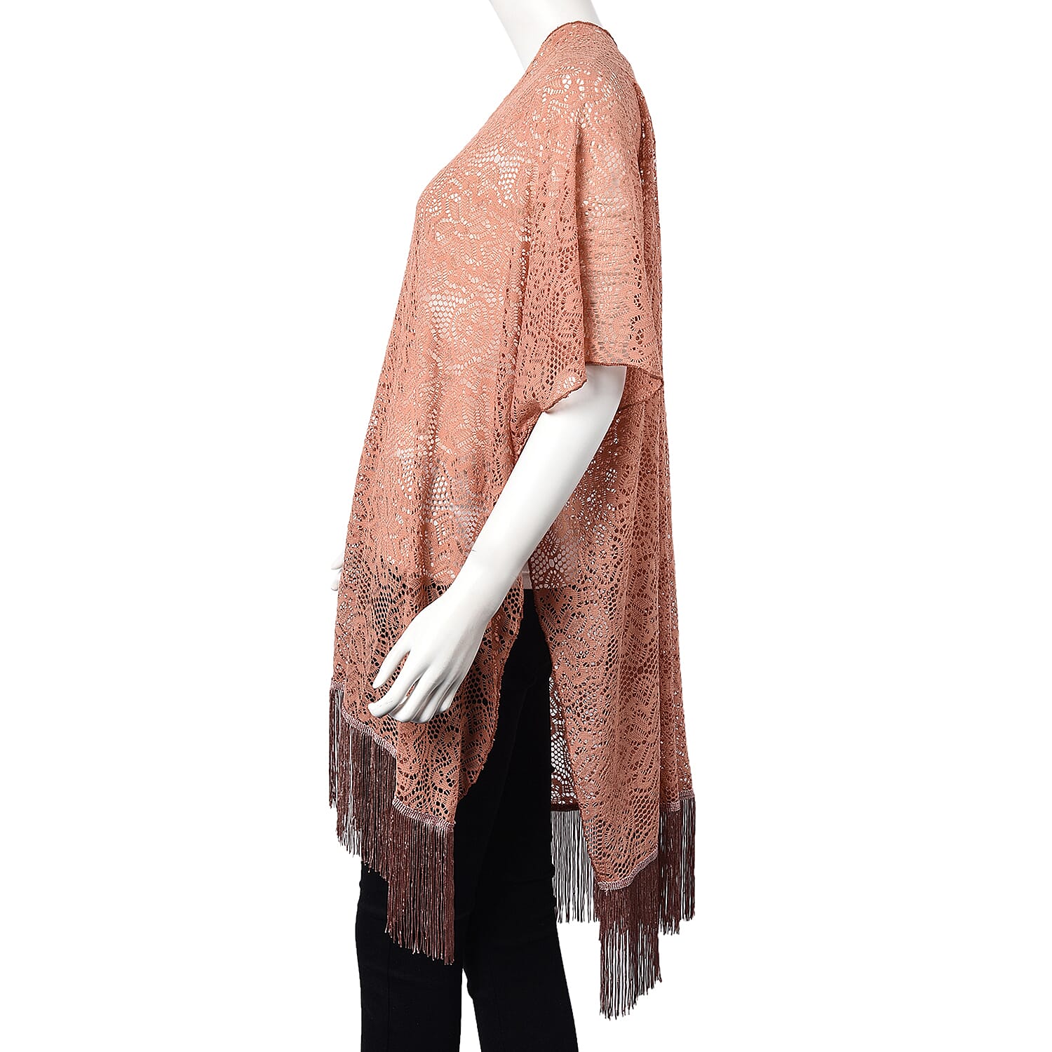 Peach Colour Floral Lace Kimono with Long Tassels (Size 90x80+14 Cm)