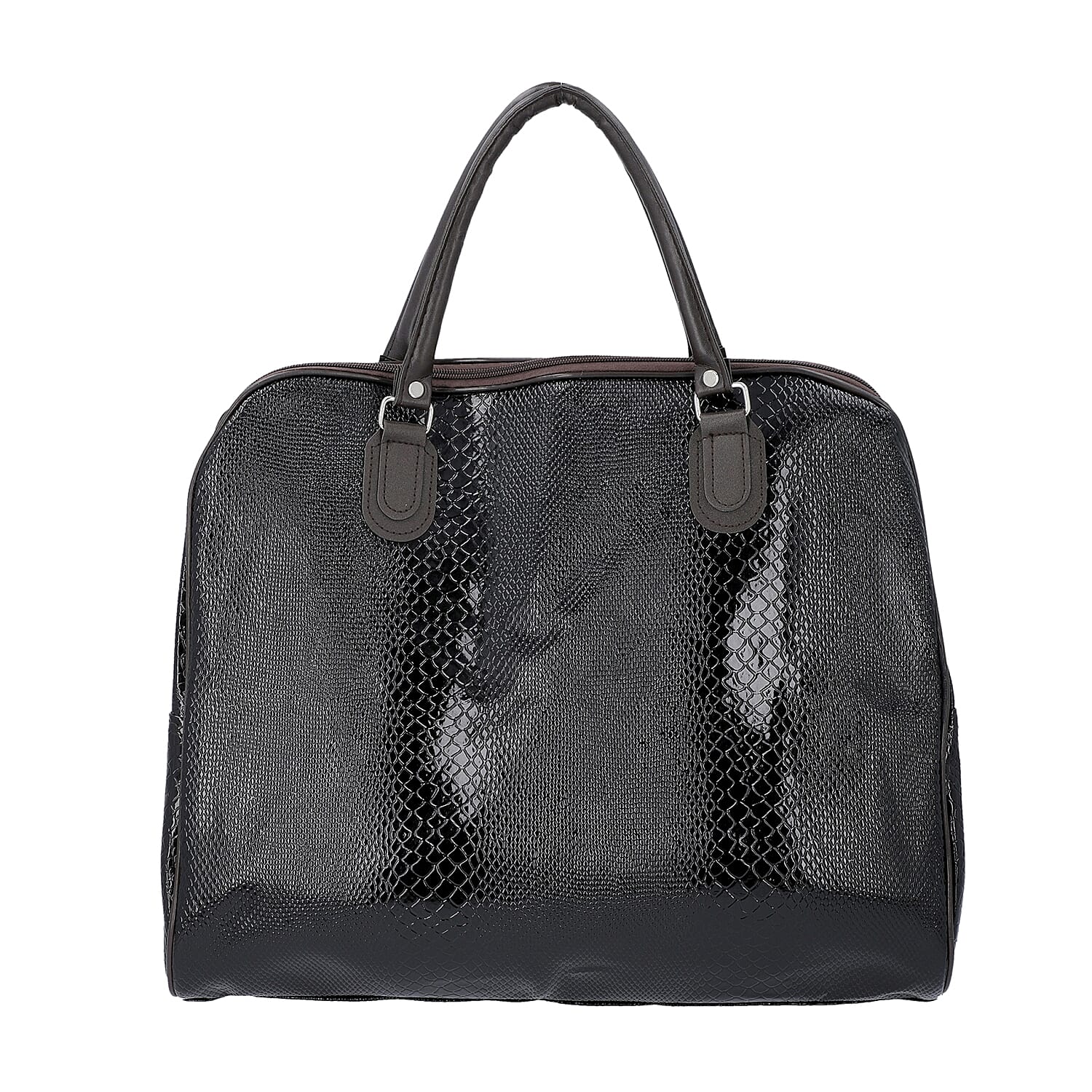 Snake Skin Pattern Tote Bag with Zipper Closure and Detachable Shoulder Strap (Size 43x23x39 Cm) - Black