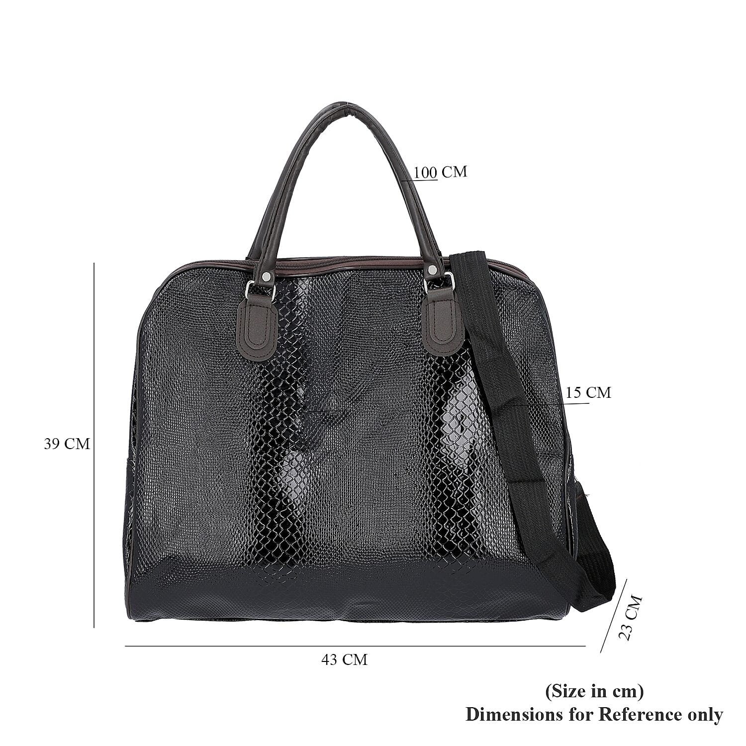 Snake Skin Pattern Tote Bag with Zipper Closure and Detachable Shoulder Strap (Size 43x23x39 Cm) - Black