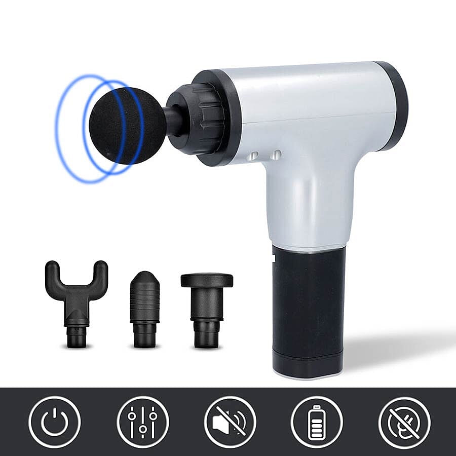 Handheld Rechargeable Physio Massage Gun with 4 Detachable Massage Head (Size 17x6x21.5 Cm) - Black and Grey
