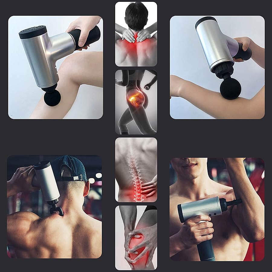 Handheld Rechargeable Physio Massage Gun with 4 Detachable Massage Head (Size 17x6x21.5 Cm) - Black and Grey