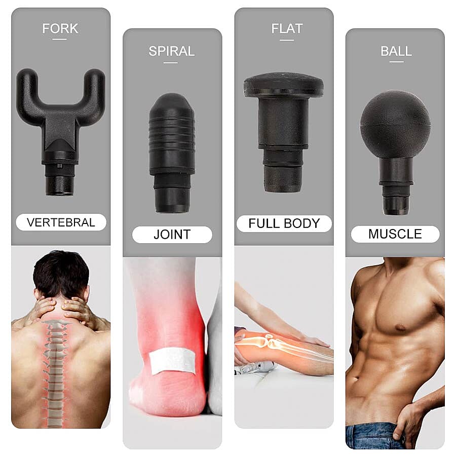 Handheld Rechargeable Physio Massage Gun with 4 Detachable Massage Head (Size 17x6x21.5 Cm) - Black and Grey