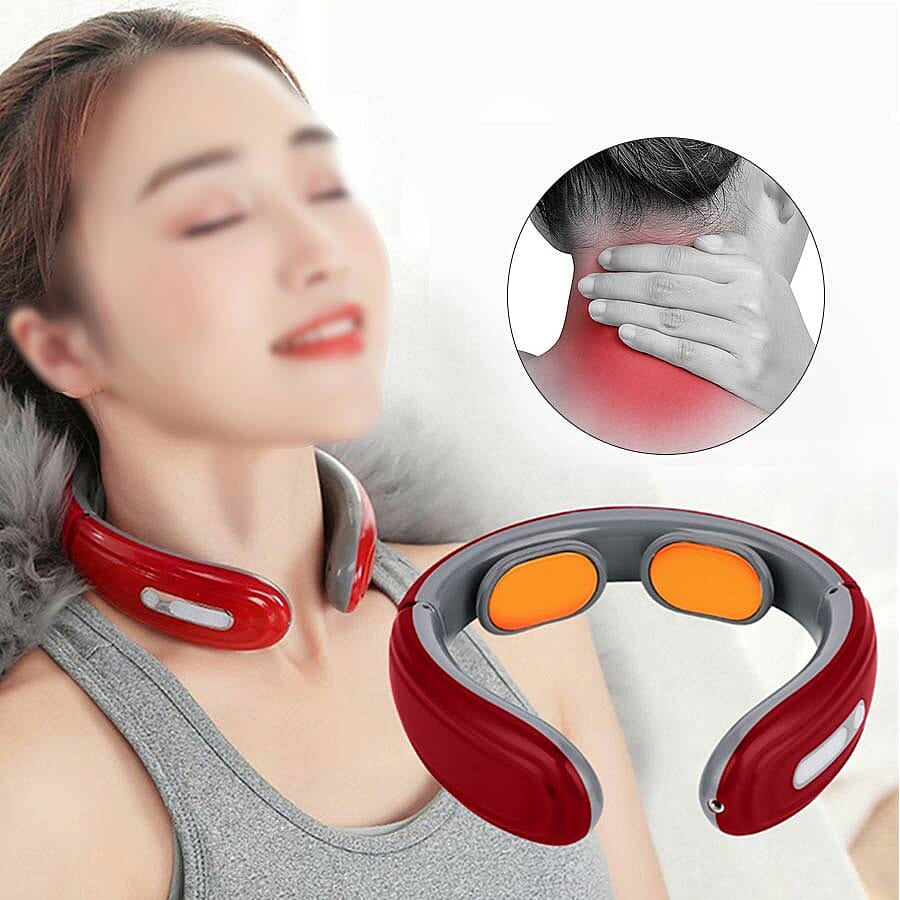 Intelligent Portable Neck Massager with Electrode Patch (Size 15x14x5 Cm) - Red and Grey