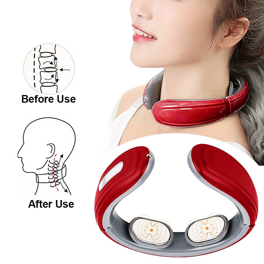 Intelligent Portable Neck Massager with Electrode Patch (Size 15x14x5 Cm) - Red and Grey