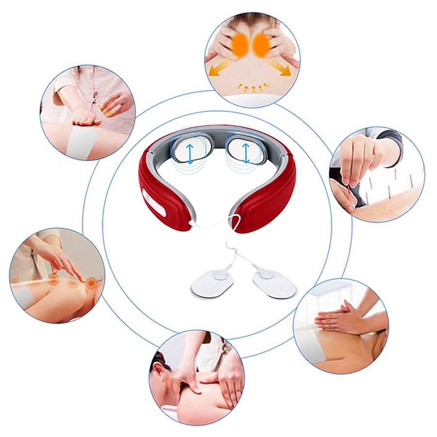 Intelligent Portable Neck Massager with Electrode Patch (Size 15x14x5 Cm) - Red and Grey