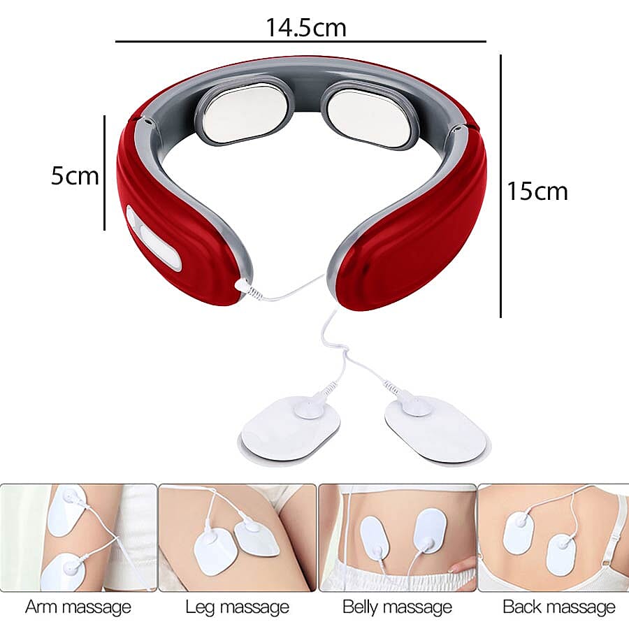 Intelligent Portable Neck Massager with Electrode Patch (Size 15x14x5 Cm) - Red and Grey