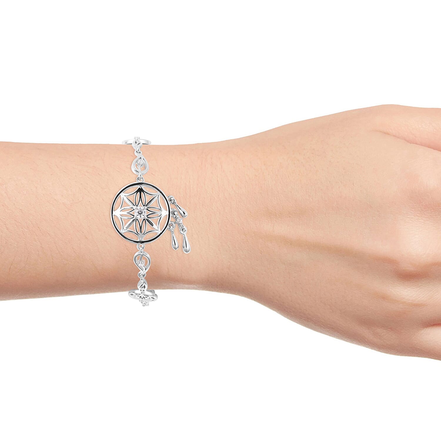 LucyQ - Natural Cambodian Zircon (Rnd) Dream Catcher Bracelet (Size 7 with 1 inch Extender) in Rhodium Overlay Sterling Silver, Silver wt. 11.19 Gms