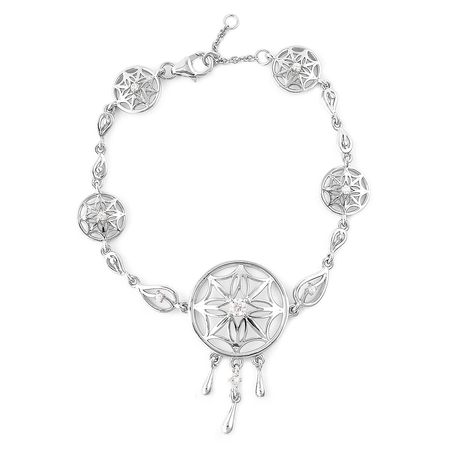 LucyQ - Natural Cambodian Zircon (Rnd) Dream Catcher Bracelet (Size 7 with 1 inch Extender) in Rhodium Overlay Sterling Silver, Silver wt. 11.19 Gms