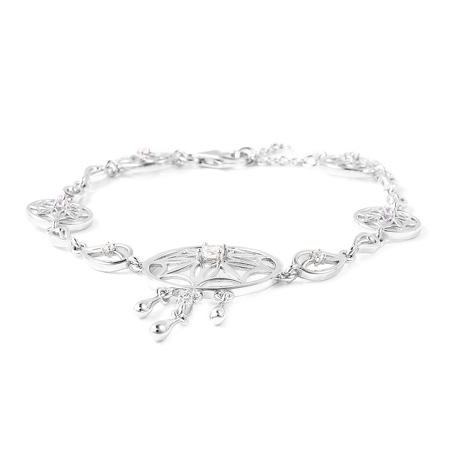 LucyQ - Natural Cambodian Zircon (Rnd) Dream Catcher Bracelet (Size 7 with 1 inch Extender) in Rhodium Overlay Sterling Silver, Silver wt. 11.19 Gms