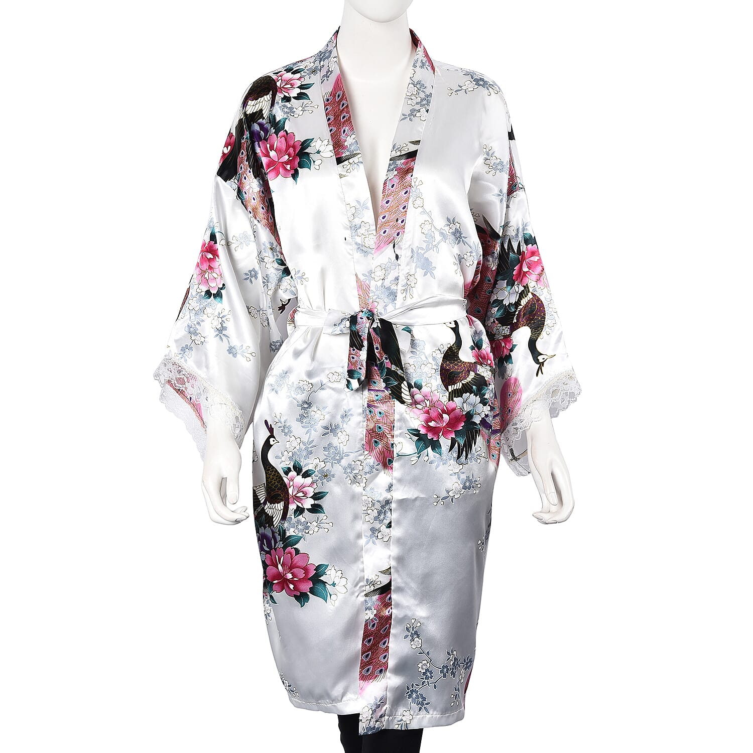 White and Multi Colour Kimono with Peacock and Peony Pattern (Size 65x100 Cm)