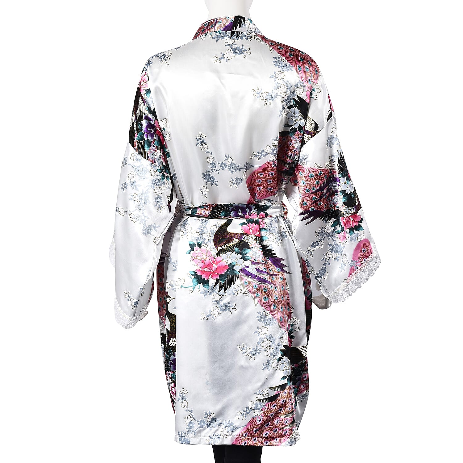 White and Multi Colour Kimono with Peacock and Peony Pattern (Size 65x100 Cm)