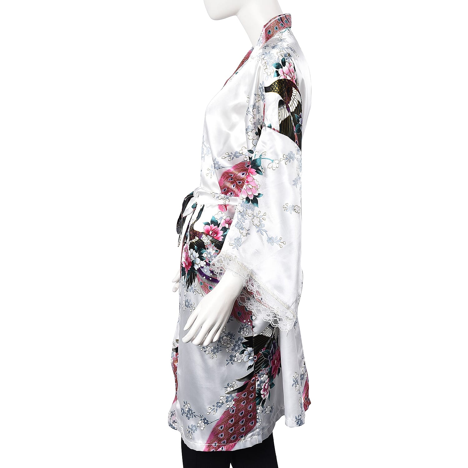 White and Multi Colour Kimono with Peacock and Peony Pattern (Size 65x100 Cm)