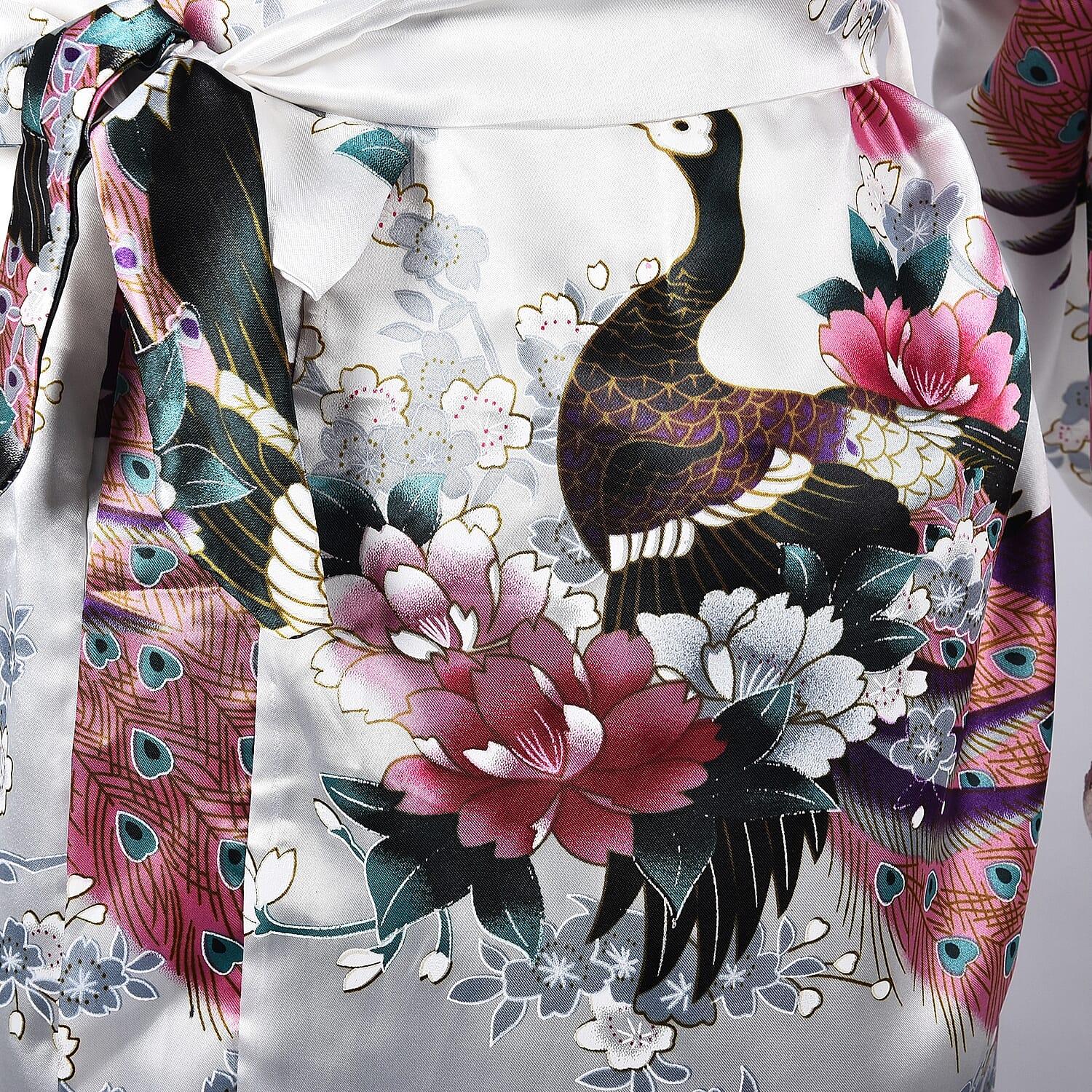 White and Multi Colour Kimono with Peacock and Peony Pattern (Size 65x100 Cm)