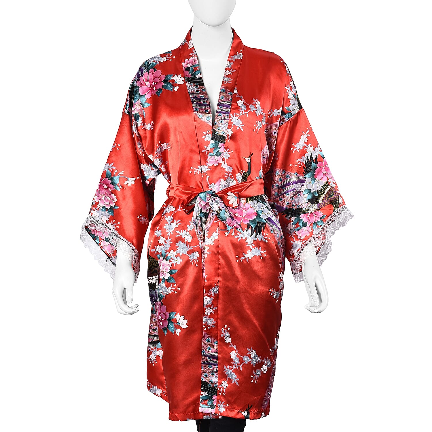 Red and Multi Colour Kimono with Peacock and Peony Pattern (Size 65x100 Cm)