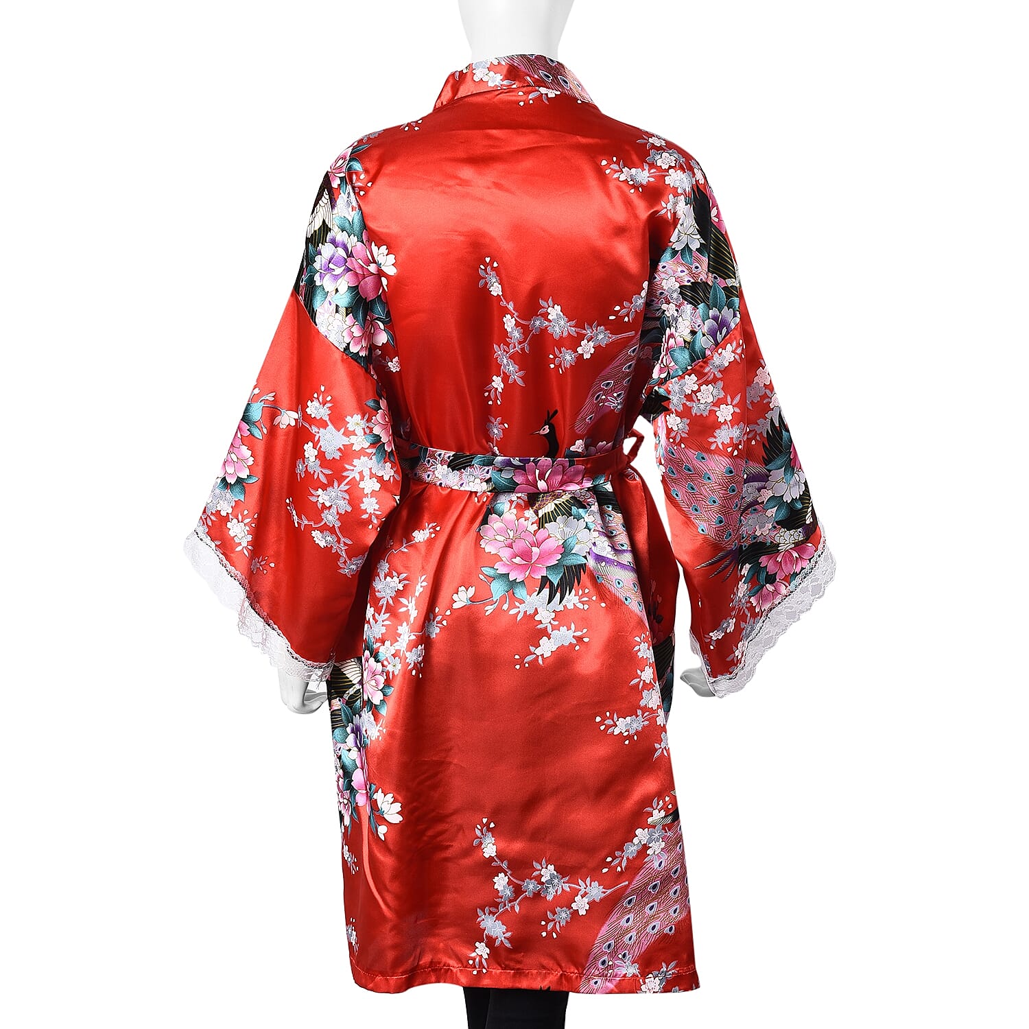Red and Multi Colour Kimono with Peacock and Peony Pattern (Size 65x100 Cm)