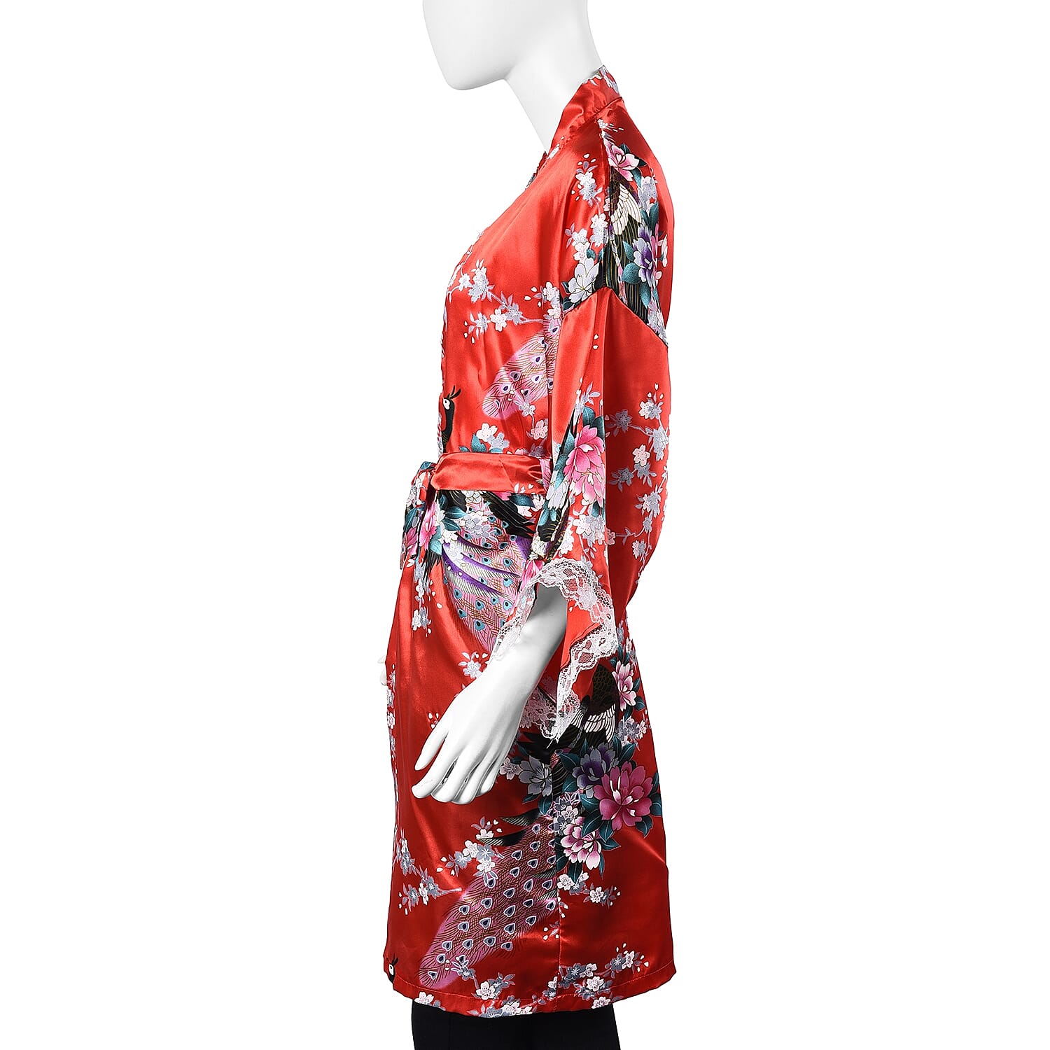 Red and Multi Colour Kimono with Peacock and Peony Pattern (Size 65x100 Cm)