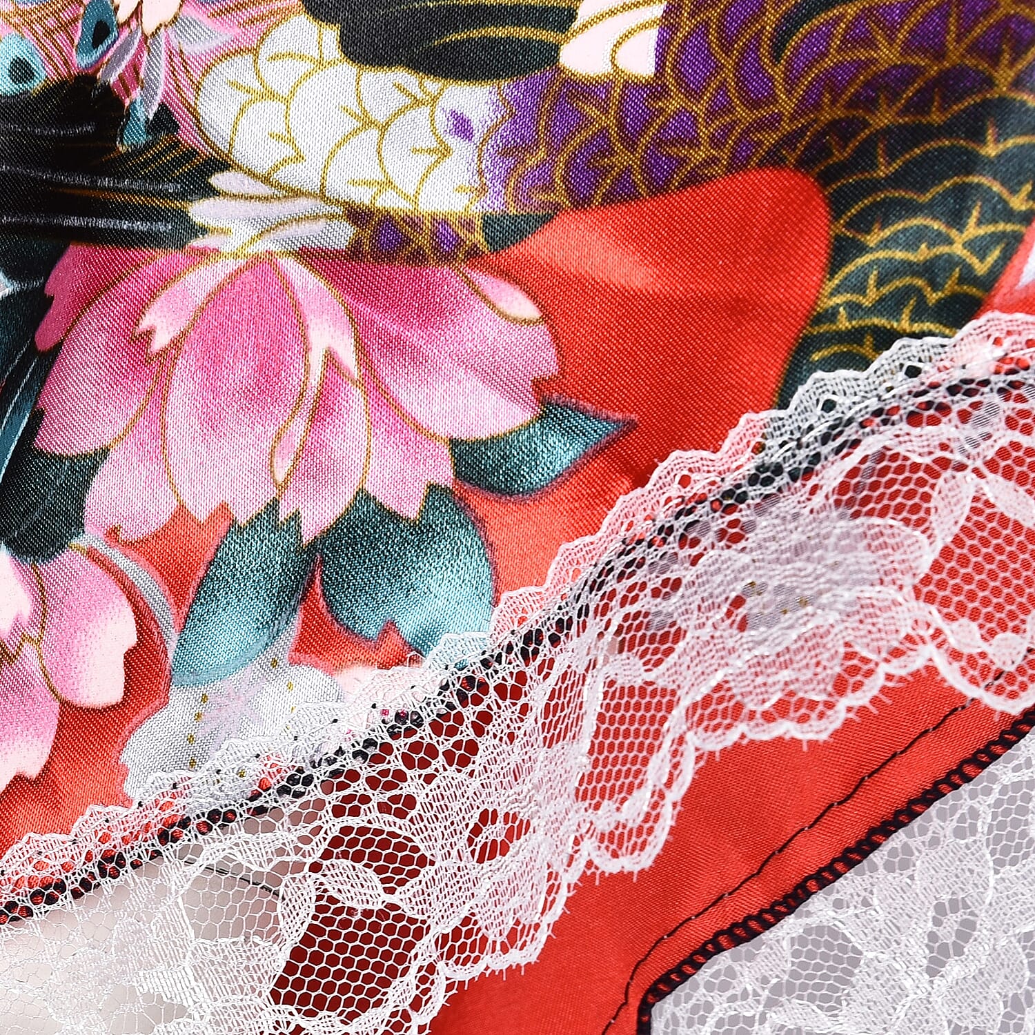 Red and Multi Colour Kimono with Peacock and Peony Pattern (Size 65x100 Cm)