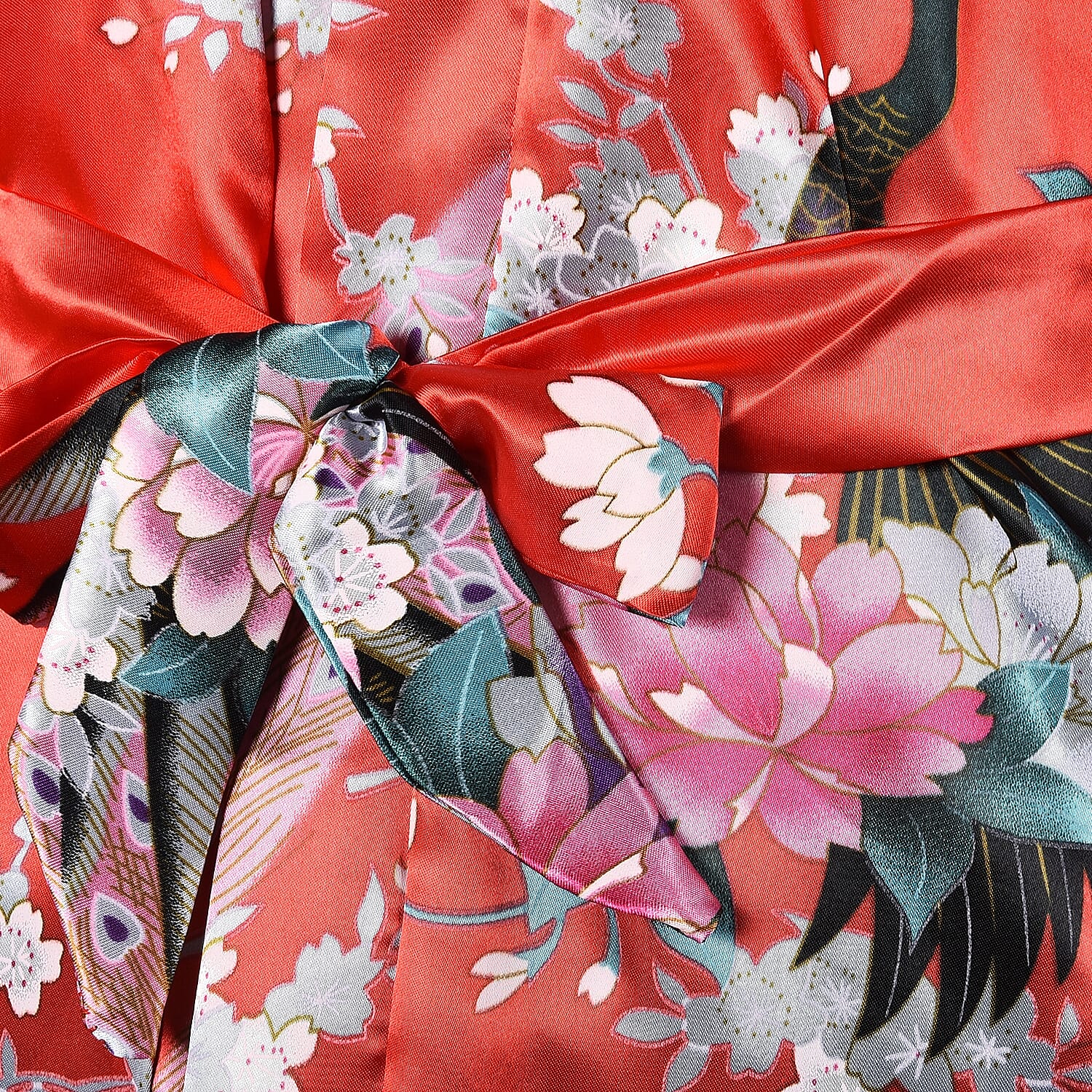 Red and Multi Colour Kimono with Peacock and Peony Pattern (Size 65x100 Cm)