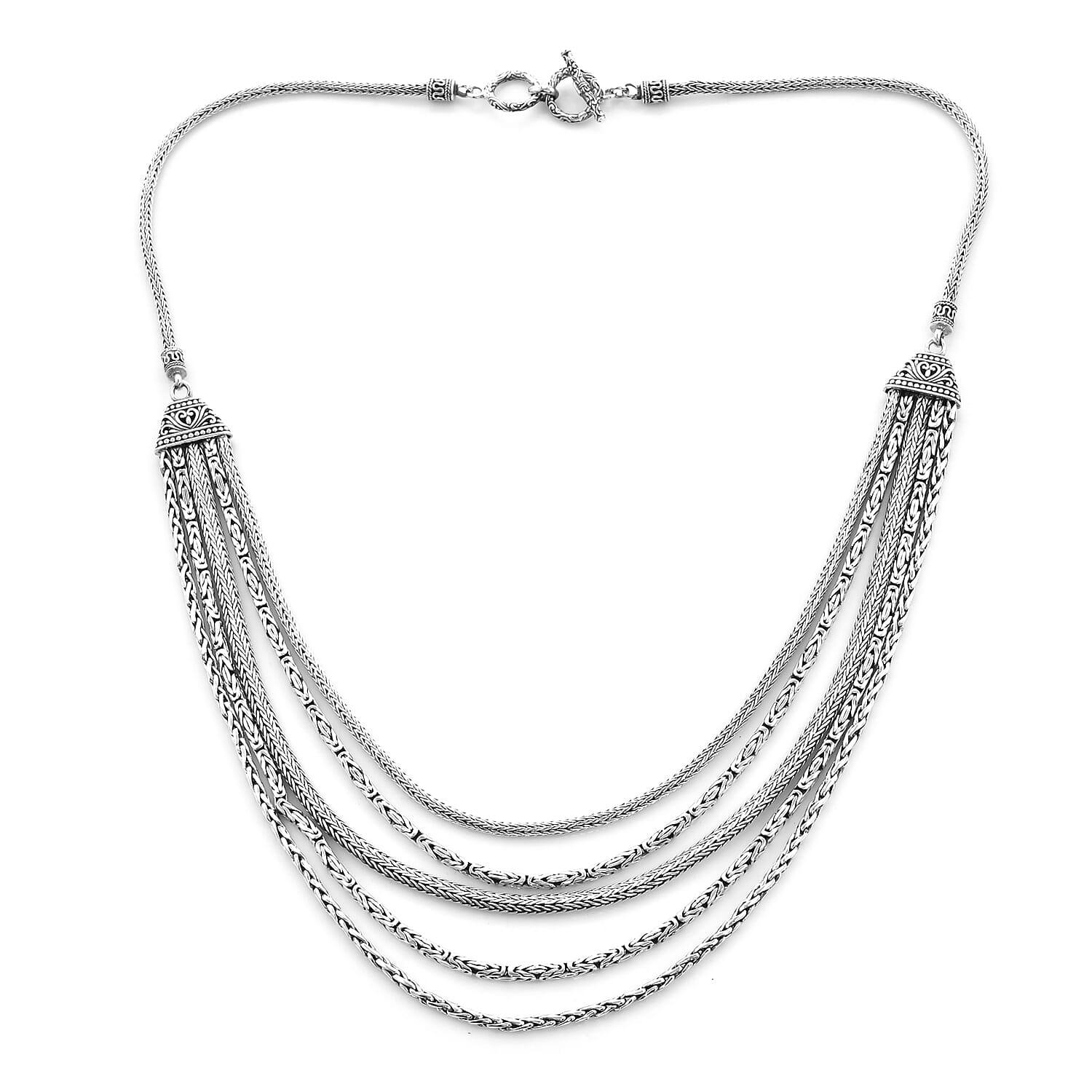 Royal Bali Collection - Sterling Silver Tulang Naga, Borobudur and Padian Multi Strand Necklace (Size 22) with Toggle Clasp, Silver wt 72.00 Gms
