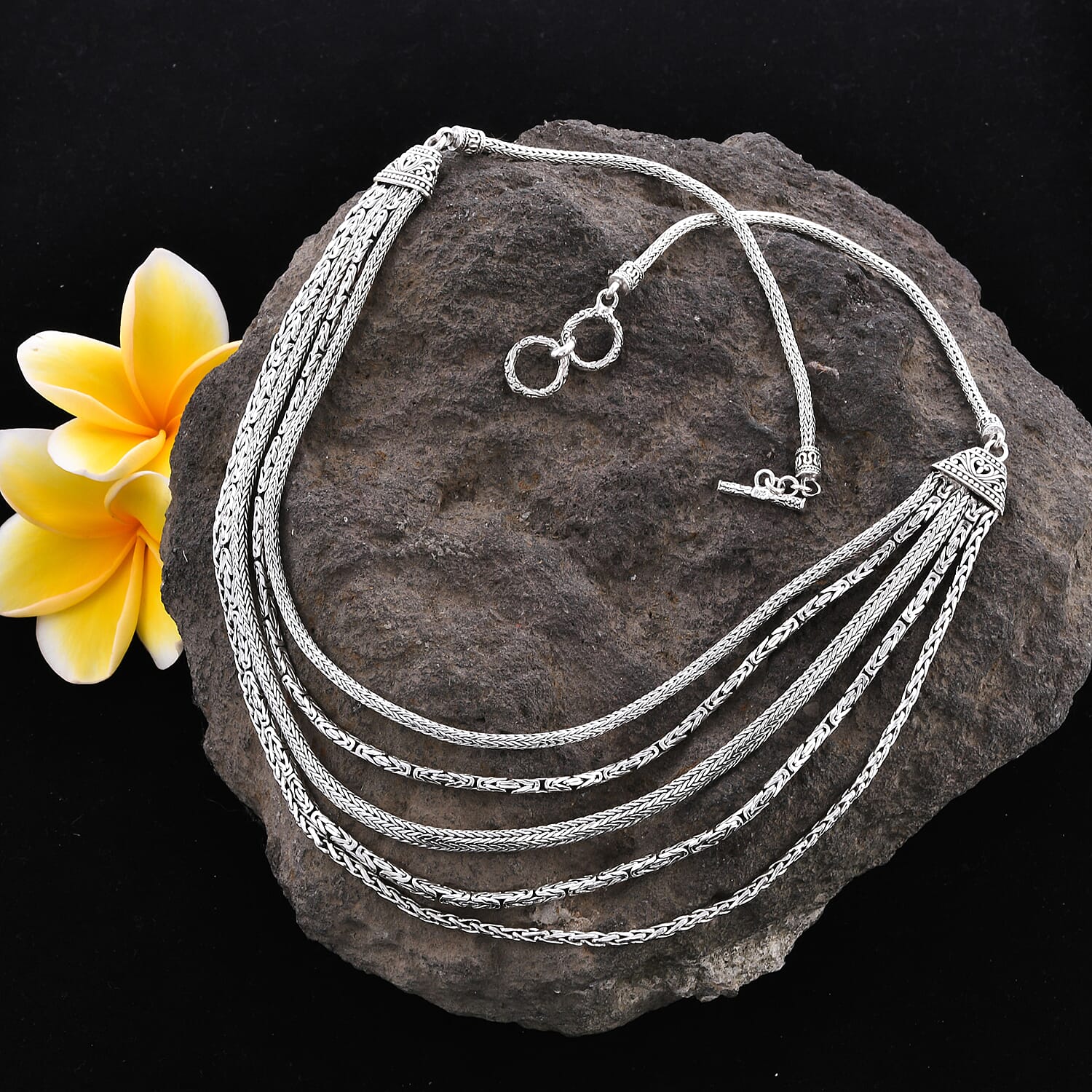 Royal Bali Collection - Sterling Silver Tulang Naga, Borobudur and Padian Multi Strand Necklace (Size 22) with Toggle Clasp, Silver wt 72.00 Gms