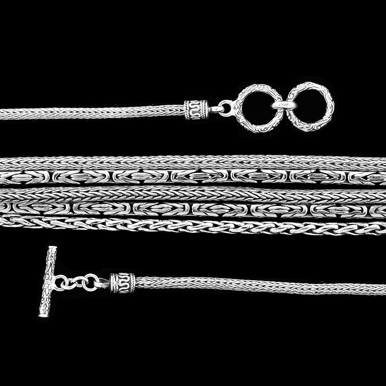 Royal Bali Collection - Sterling Silver Tulang Naga, Borobudur and Padian Multi Strand Necklace (Size 22) with Toggle Clasp, Silver wt 72.00 Gms