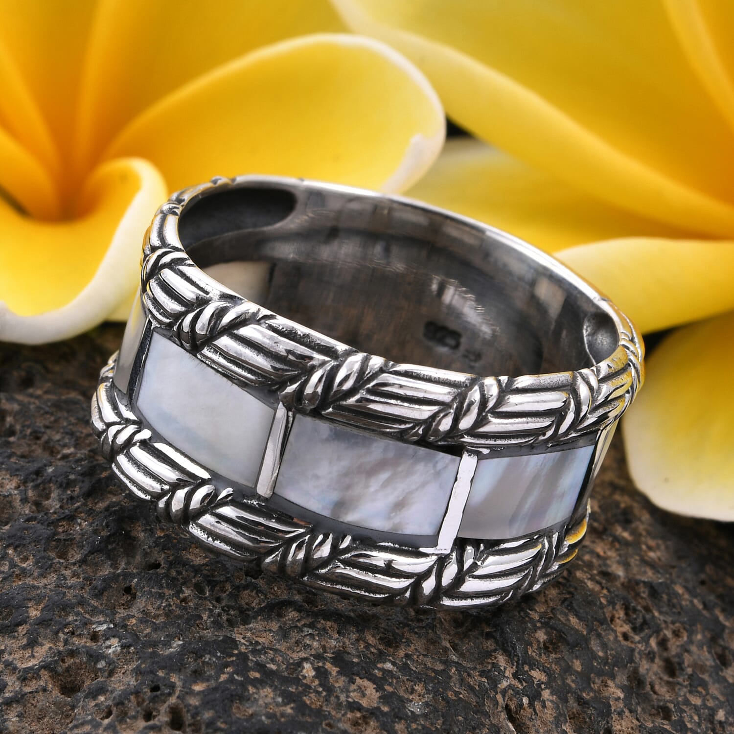 Royal Bali Collection - Mother of Pearl Eternity Band Ring in Sterling Silver, Silver wt 6.00 Gms