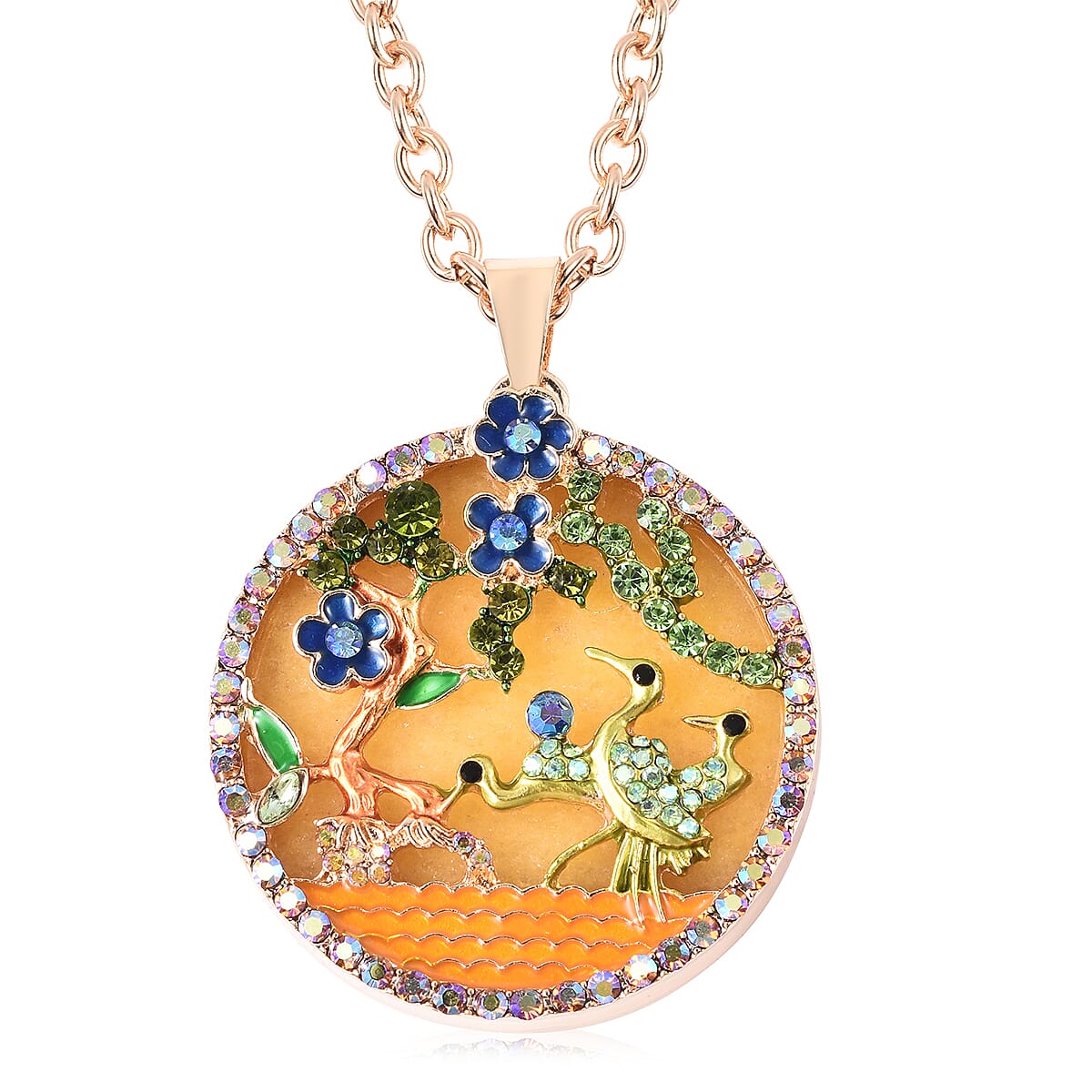 Yellow Quartzite, Simulated Emerald and Multi Colour Austrian Crystal Enamelled Floral vine and Crane Pendant with Chain (Size 24 with 3 inch Extender) in Yellow Gold Tone 100.00 Ct.