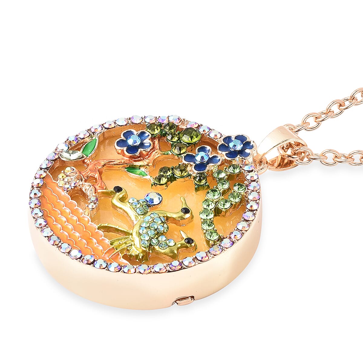 Yellow Quartzite, Simulated Emerald and Multi Colour Austrian Crystal Enamelled Floral vine and Crane Pendant with Chain (Size 24 with 3 inch Extender) in Yellow Gold Tone 100.00 Ct.