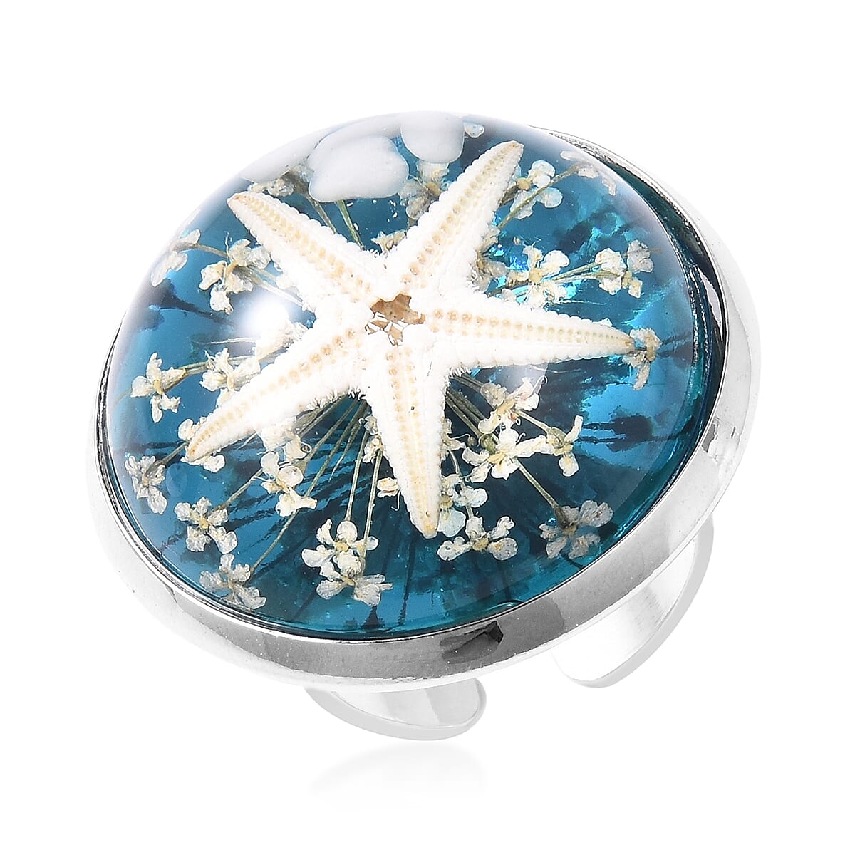 Pressed Starfish and Flower Adjustable Ring in Silver Tone
