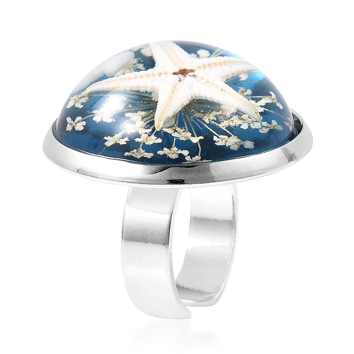 Pressed Starfish and Flower Adjustable Ring in Silver Tone