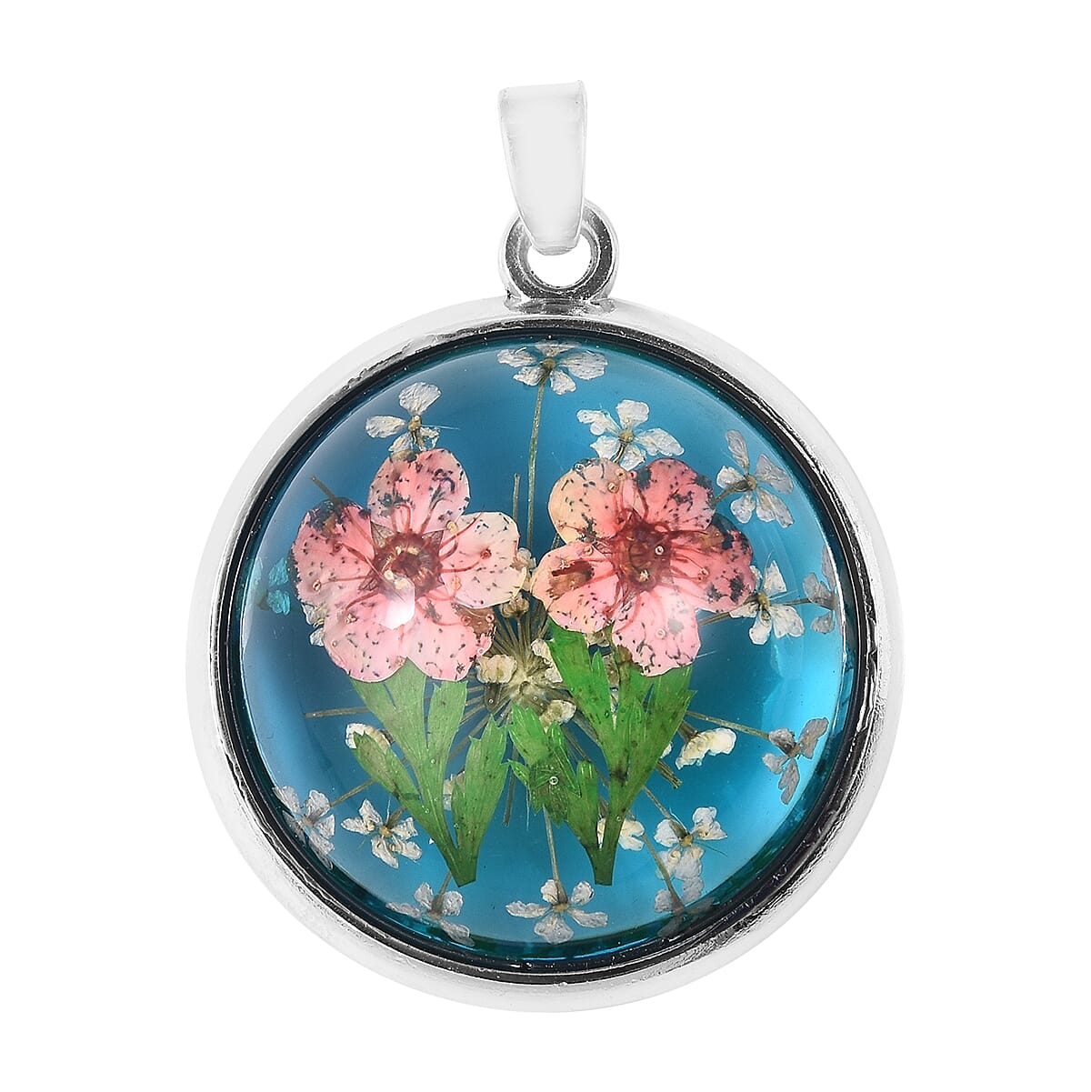 Pressed Pink Dried Flower Pendant in Silver Tone