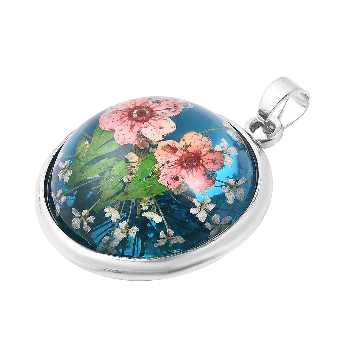 Pressed Pink Dried Flower Pendant in Silver Tone