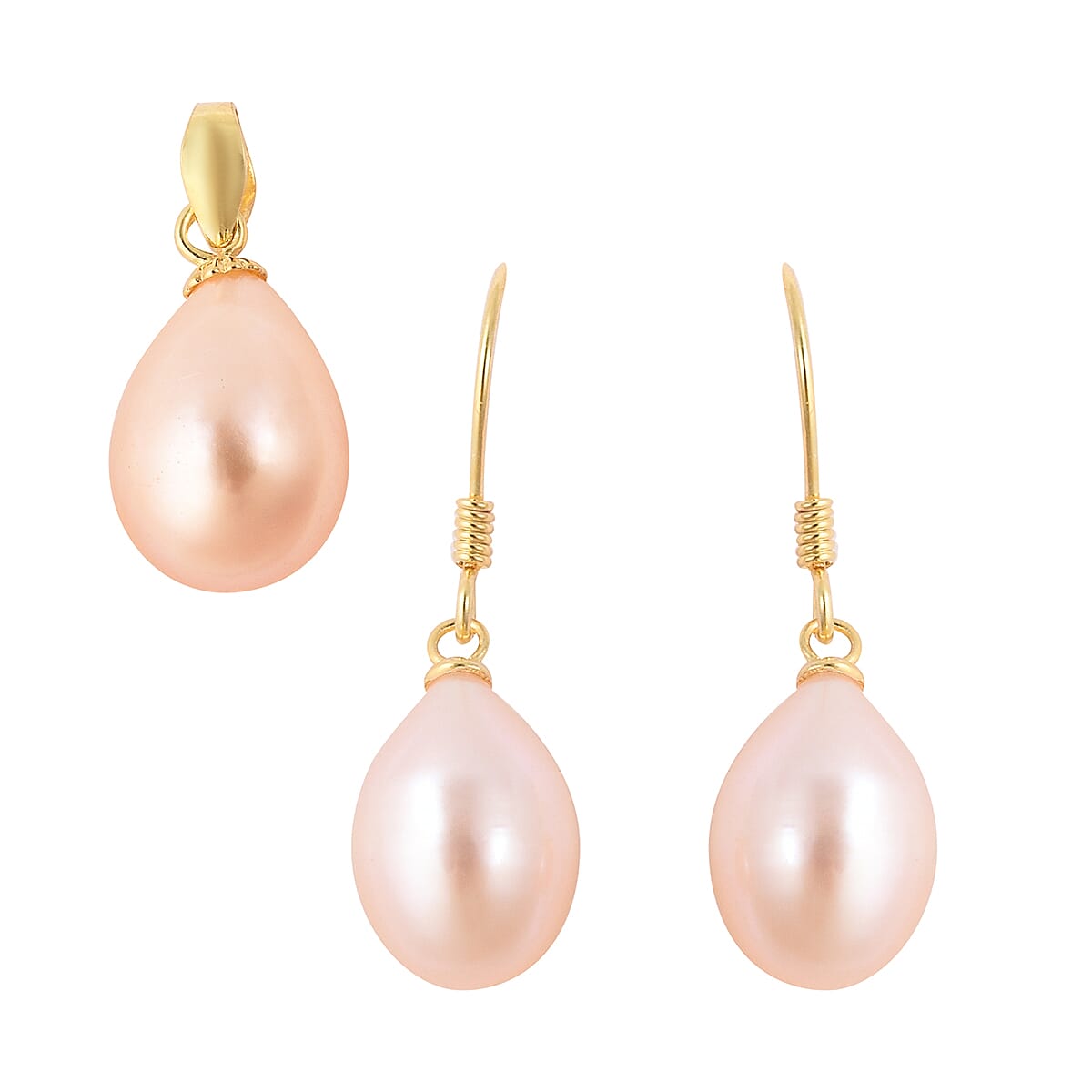 2 Piece Set - Peach Freshwater Pearl Pendant & Hook Earrings in Yellow Gold Overlay Sterling Silver