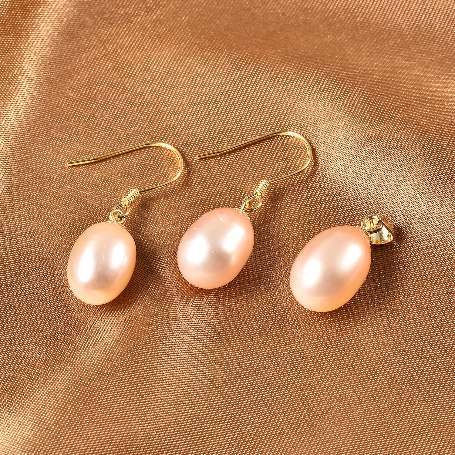 2 Piece Set - Peach Freshwater Pearl Pendant & Hook Earrings in Yellow Gold Overlay Sterling Silver