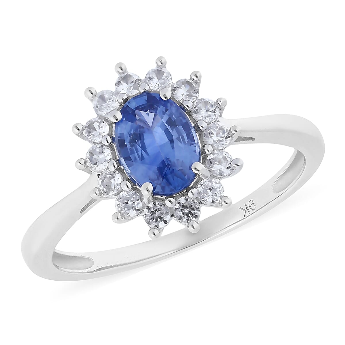 9K White Gold Royal Ceylon Blue Sapphire and Natural Cambodian Zircon Ring 1.51 Ct.