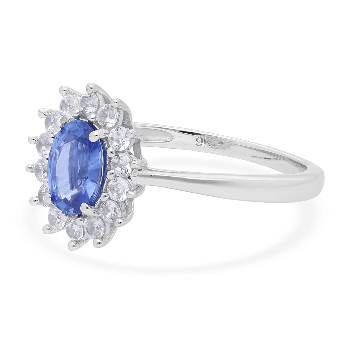 9K White Gold Royal Ceylon Blue Sapphire and Natural Cambodian Zircon Ring 1.51 Ct.