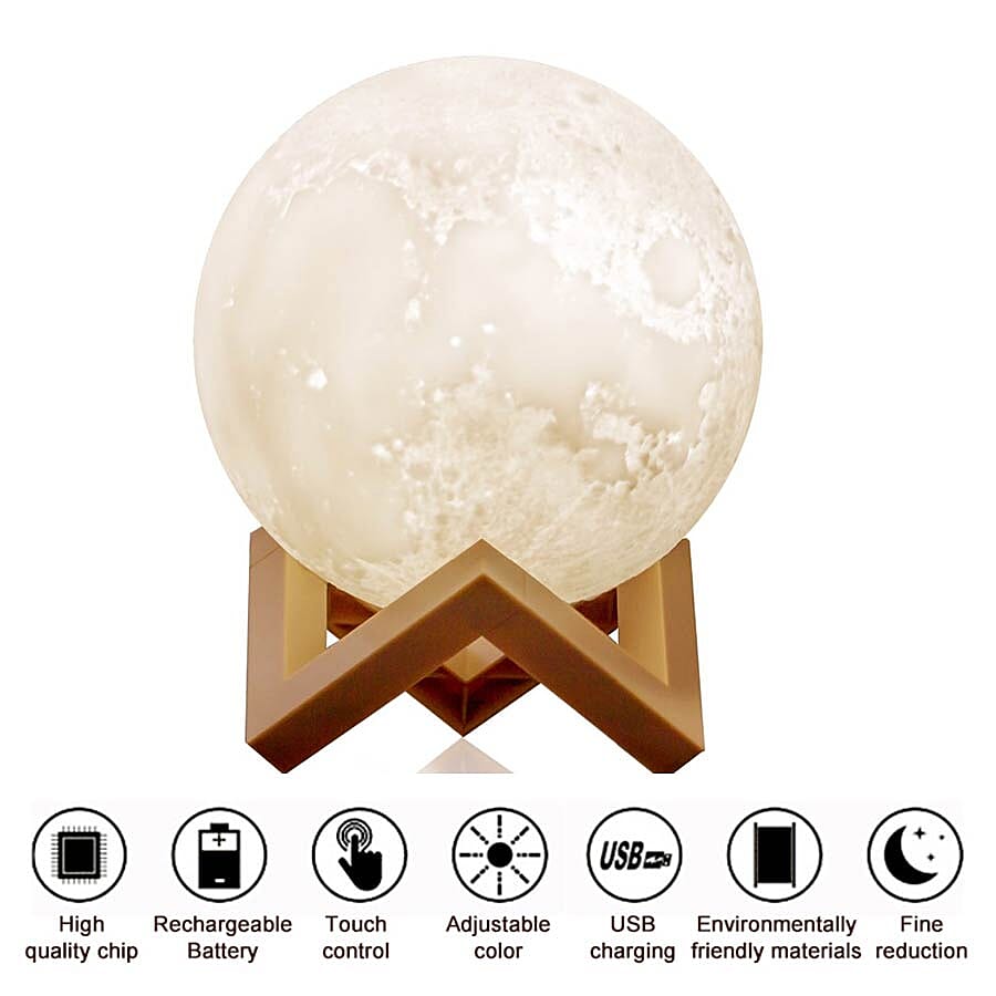 3D Moon Lamp with Wooden Stand with Touch Control and Three-Colour Light Change (Size 15cm)