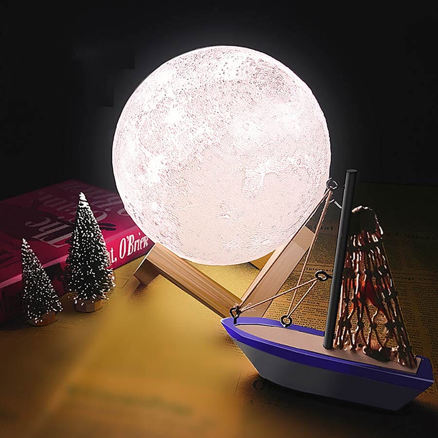 3D Moon Lamp with Wooden Stand with Touch Control and Three-Colour Light Change (Size 15cm)