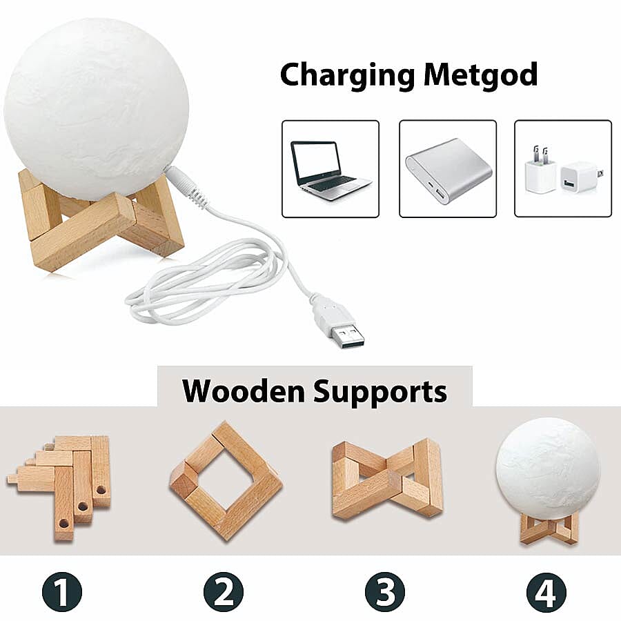 3D Moon Lamp with Wooden Stand with Touch Control and Three-Colour Light Change (Size 15cm)