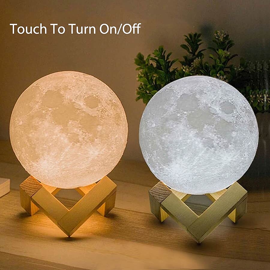 3D Moon Lamp with Wooden Stand with Touch Control and Three-Colour Light Change (Size 15cm)