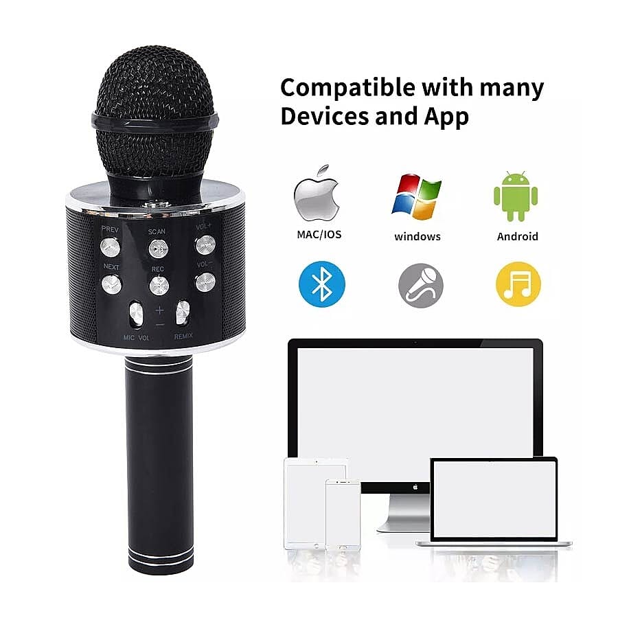 Wireless Karaoke Microphone Speaker with Bluetooth & USB Cable - Black