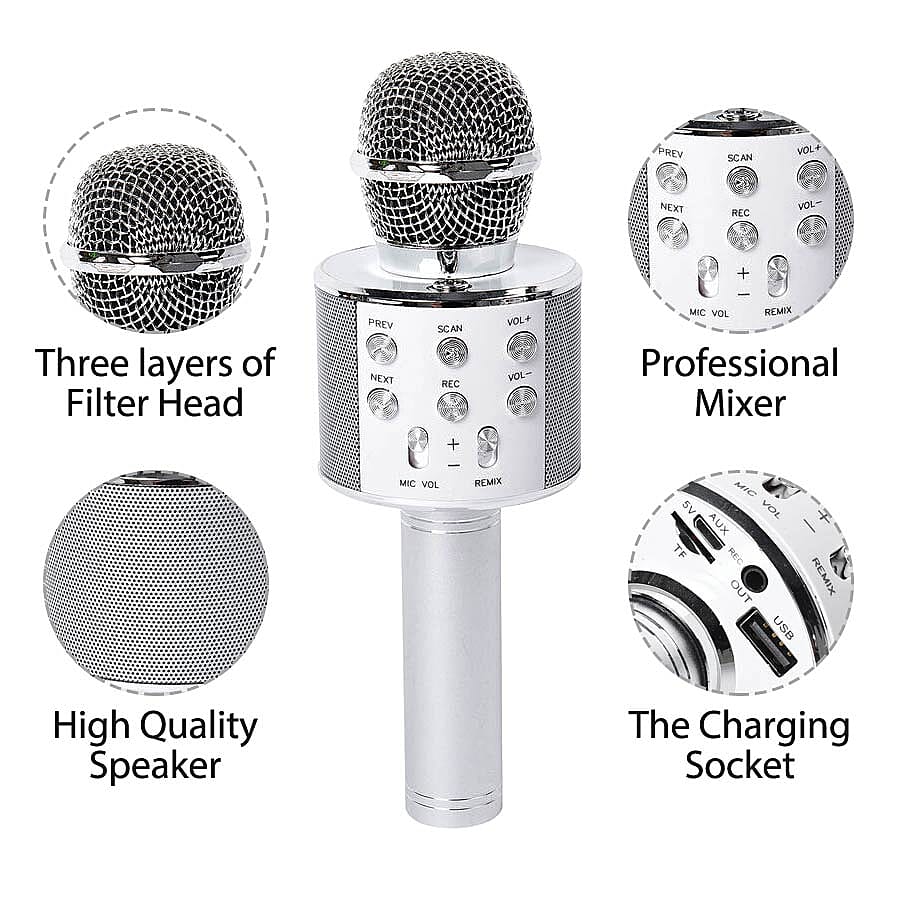 Wireless Karaoke Microphone Speaker with Bluetooth & USB Cable - White
