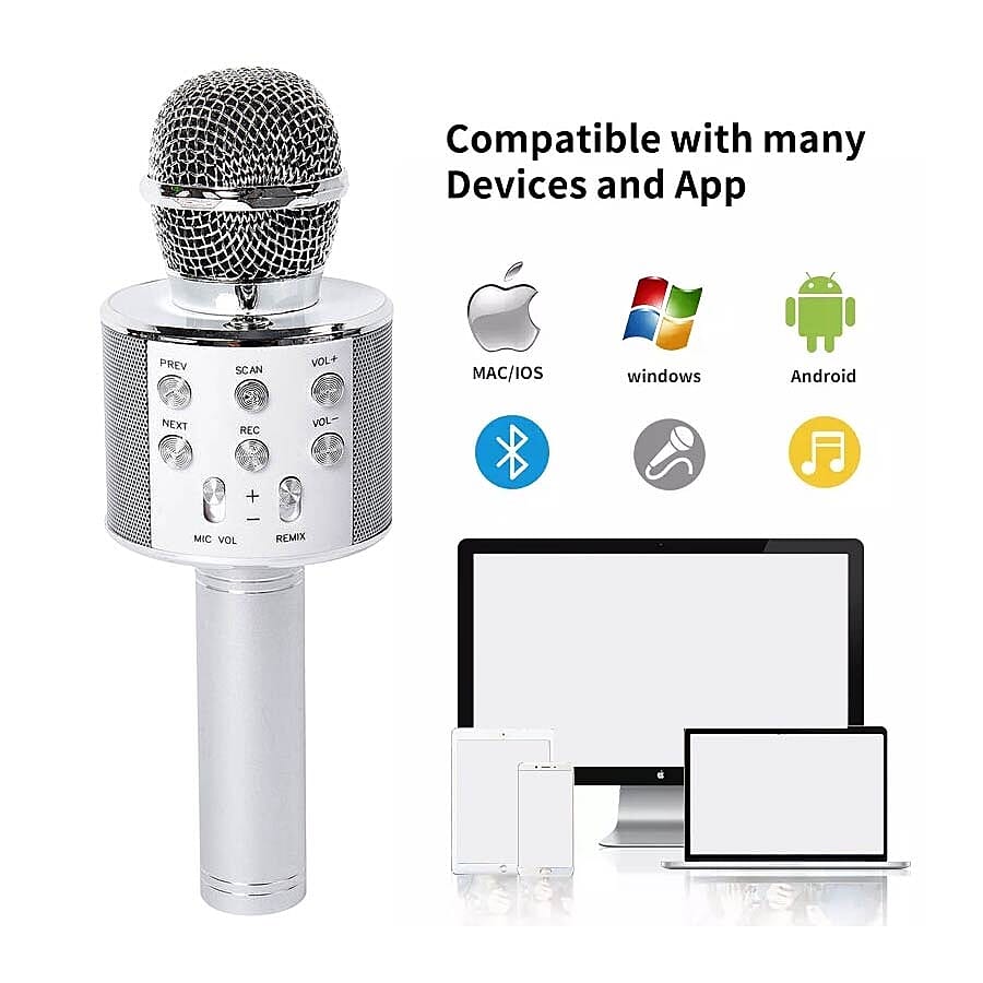 Wireless Karaoke Microphone Speaker with Bluetooth & USB Cable - White