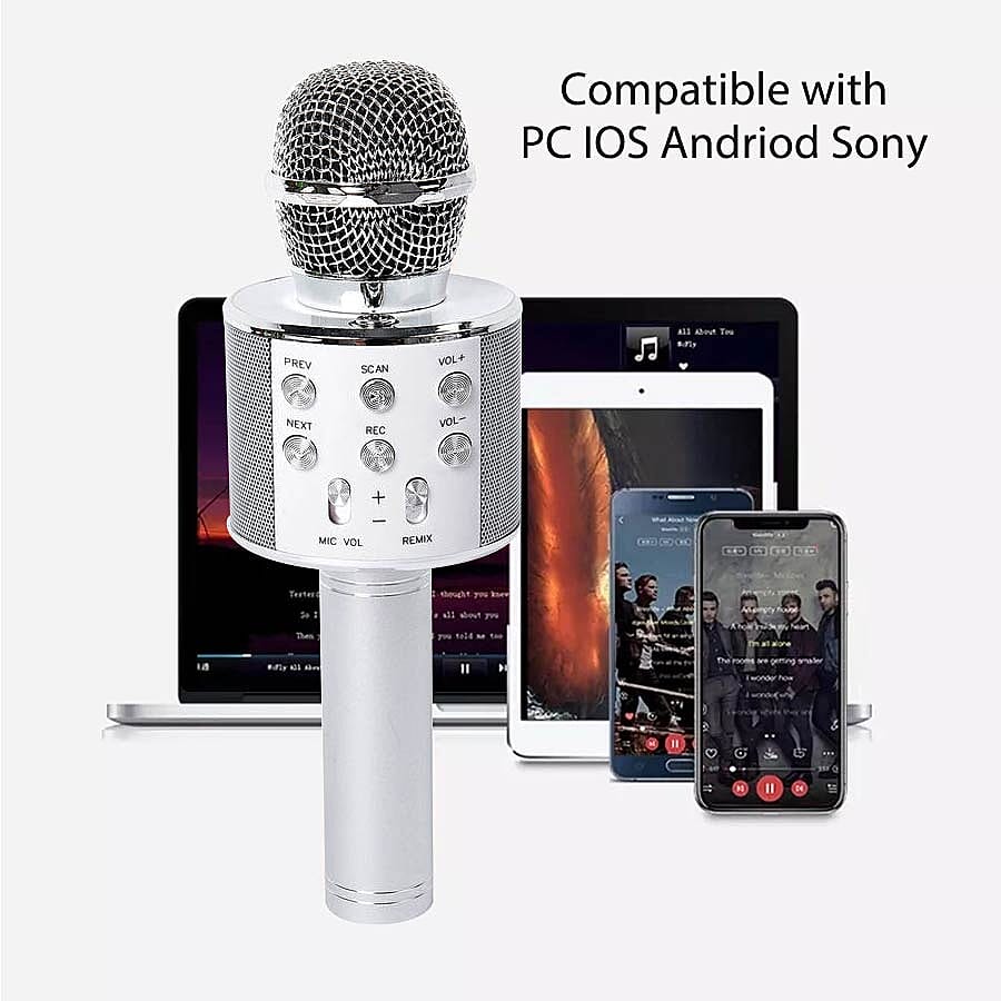 Wireless Karaoke Microphone Speaker with Bluetooth & USB Cable - White