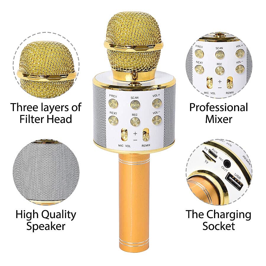 Wireless Karaoke Microphone Speaker with Bluetooth & USB Cable - Gold