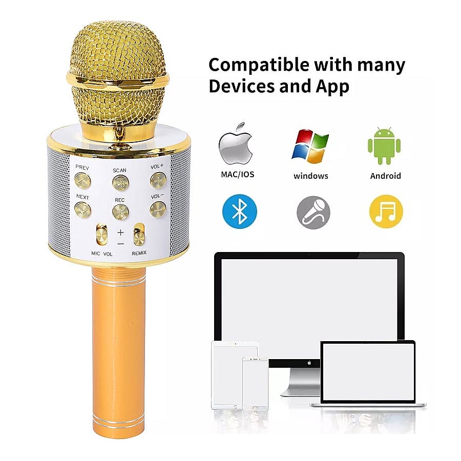 Wireless Karaoke Microphone Speaker with Bluetooth & USB Cable - Gold