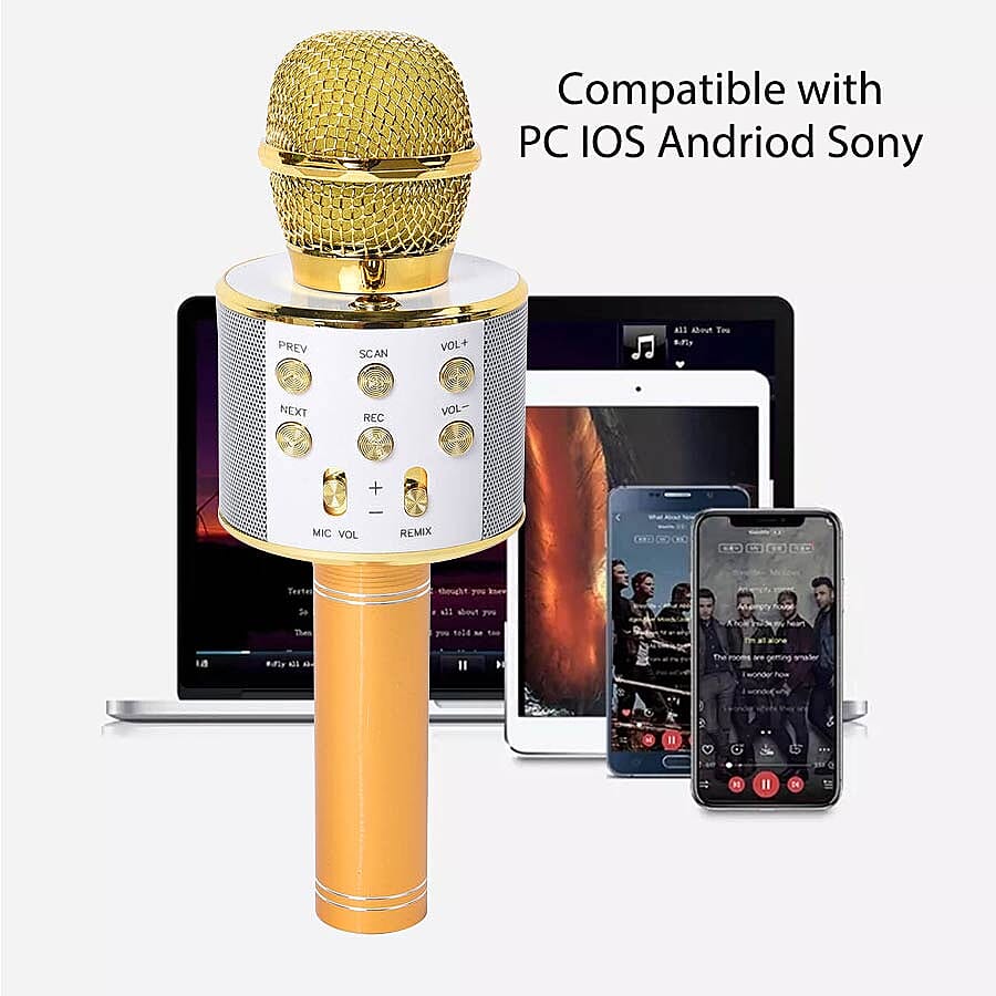 Wireless Karaoke Microphone Speaker with Bluetooth & USB Cable - Gold