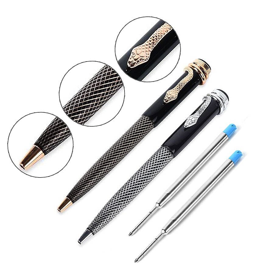 Designer Inspired - Set of 2 - Snake Pattern Pen with 2 Replacement Ink - Gold and Silver